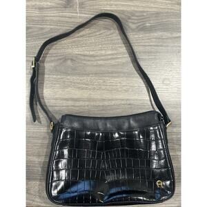 Etienne Aigner Genuine Leather Black Croc Style Shoulder Bag, Button & Zipper